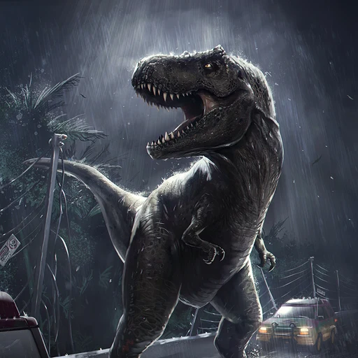 Rexy from Jurassic Park, an AI character on folk