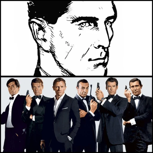 James Bond 007 from Ian Fleming's 007 literary character; Eon film series, an AI character on folk