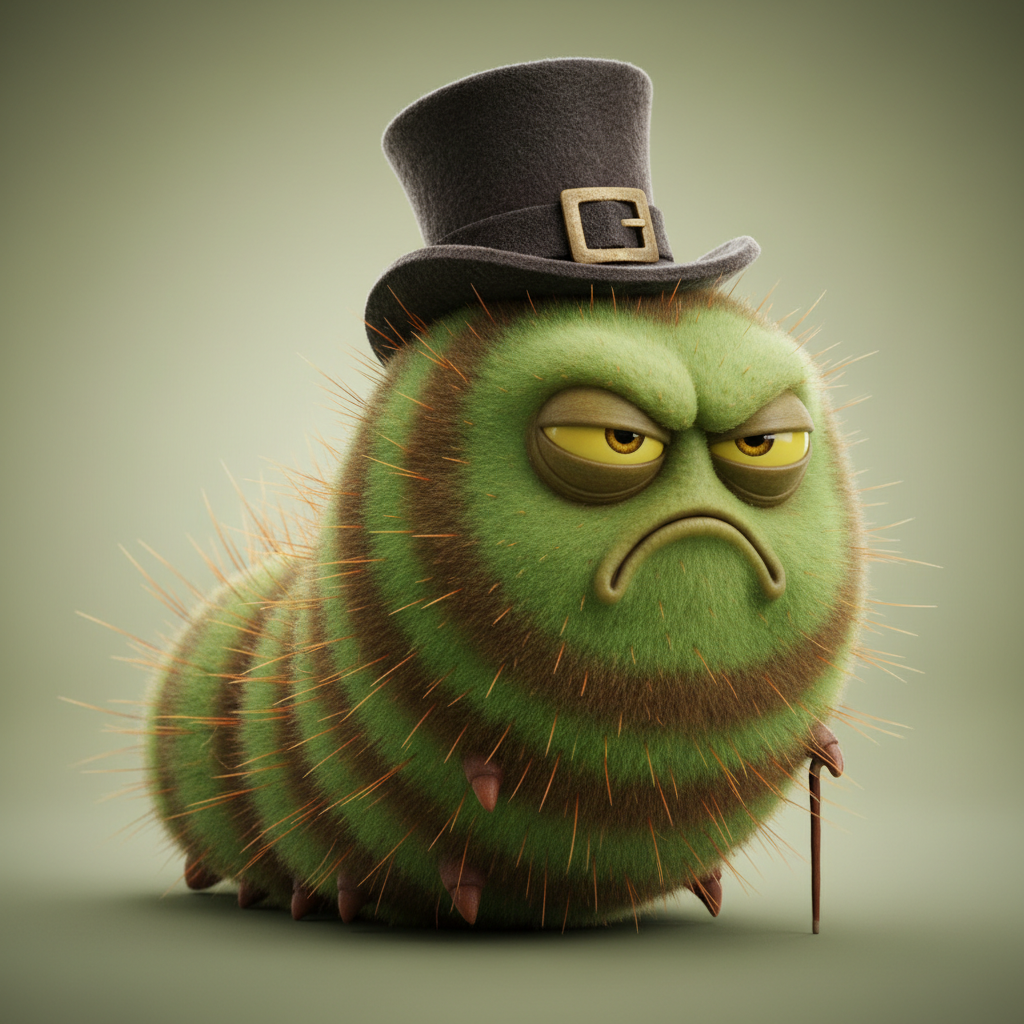 Grumpy funny catipillar from Kirby, the Grumpy Caterpillar, children's story by Margo Fallis, an AI character on folk