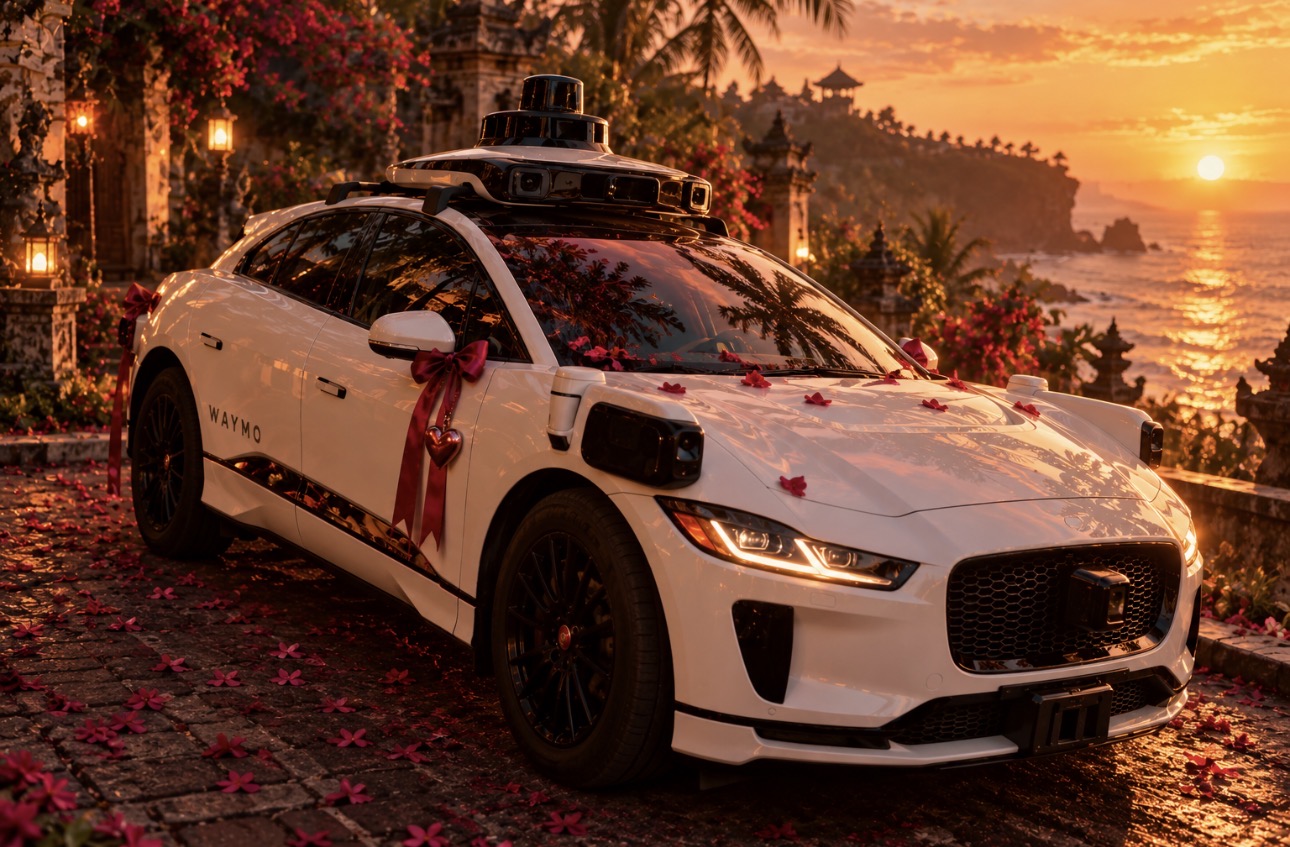 waymo jaguar i-pace, an AI character on folk