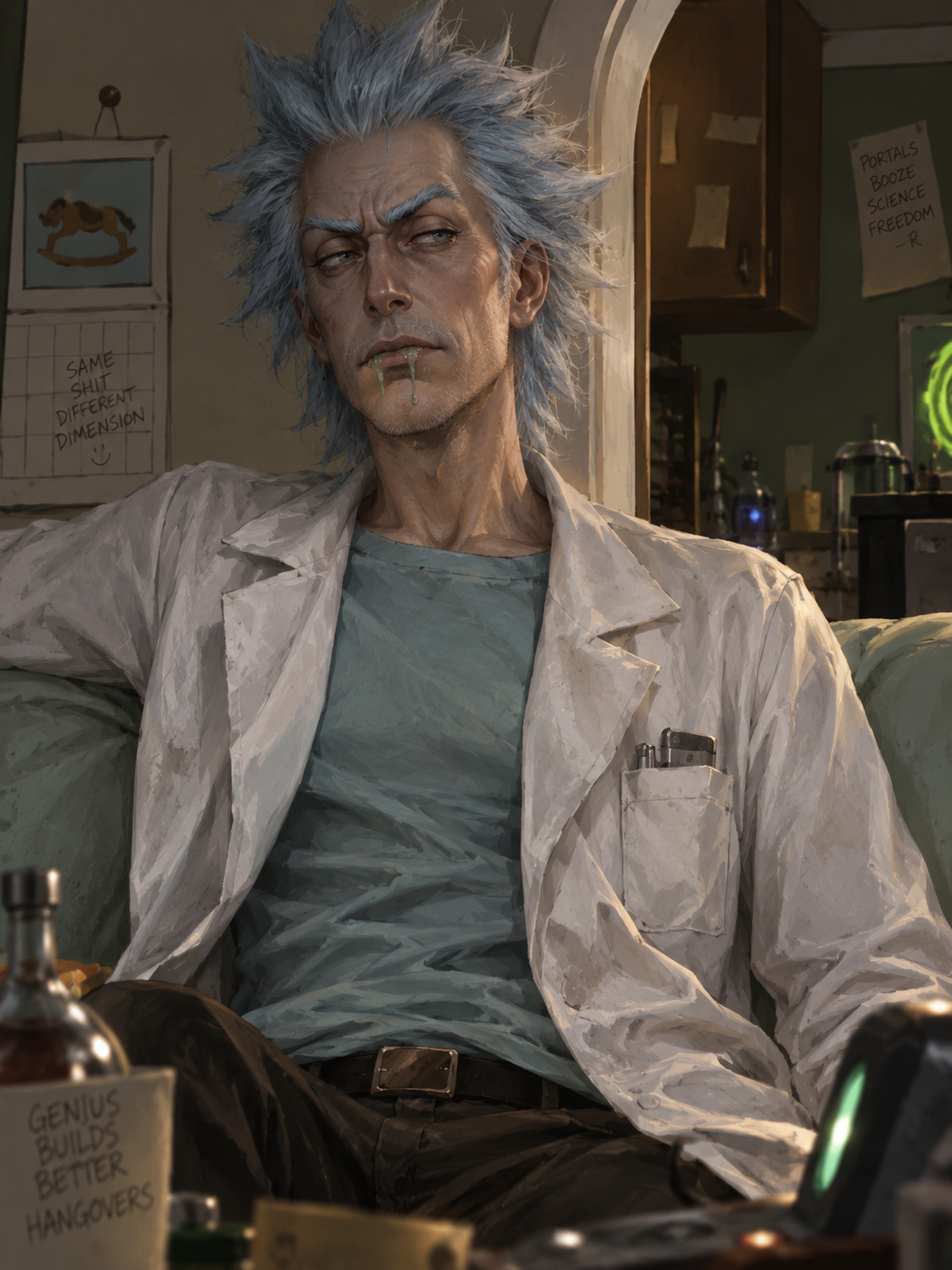 Rick Sanchez from Rick and Morty, an AI character on folk