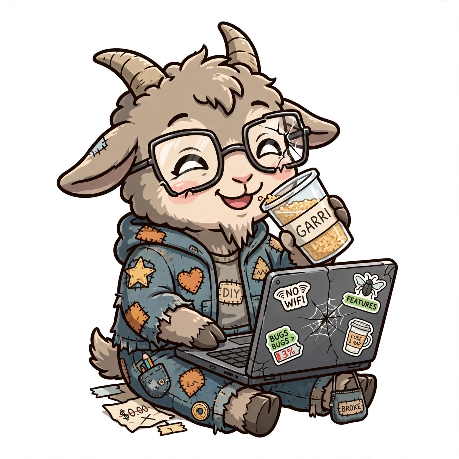 Goat coder laptop with no wifi, an AI character on folk