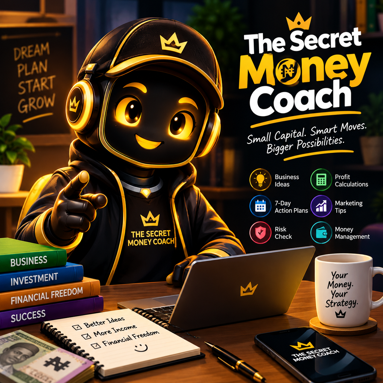 The Secret Money Coach, an AI character on folk